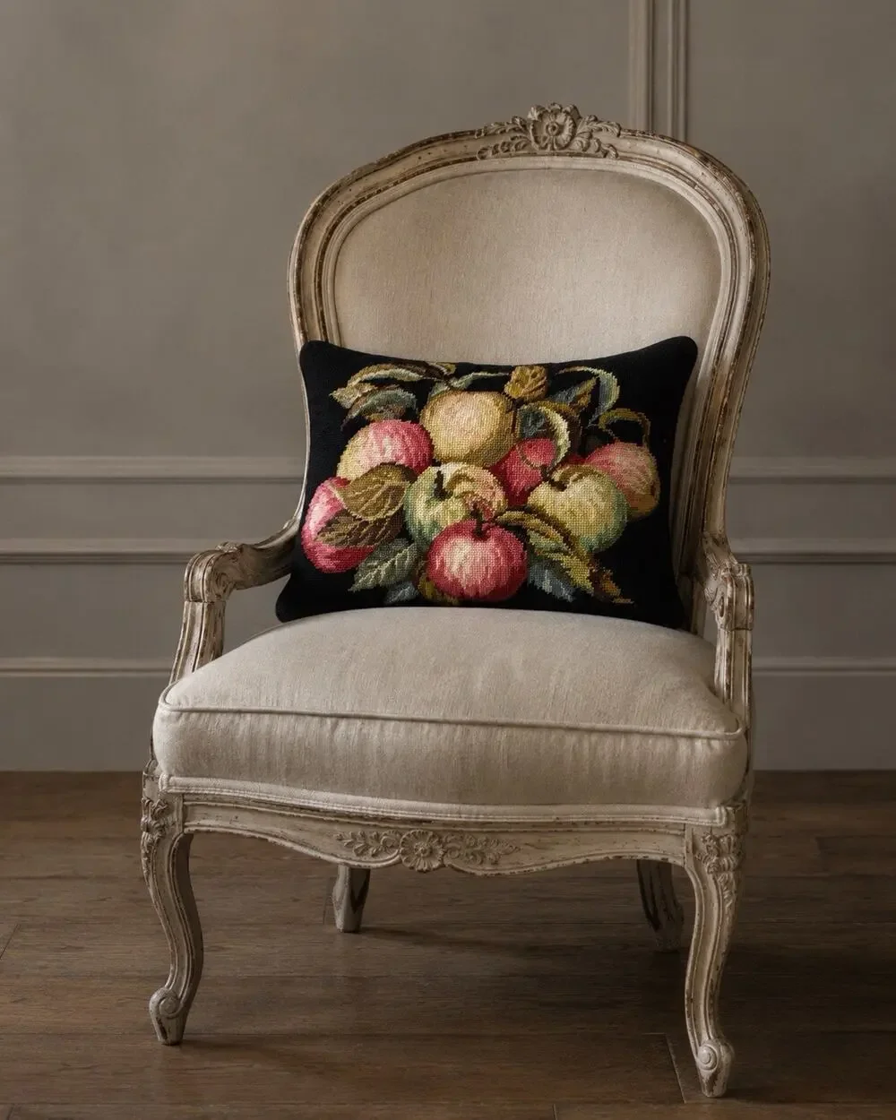 Vintage Handmade Wool Needlepoint Fruit Pillow, Black Ground Apple Design